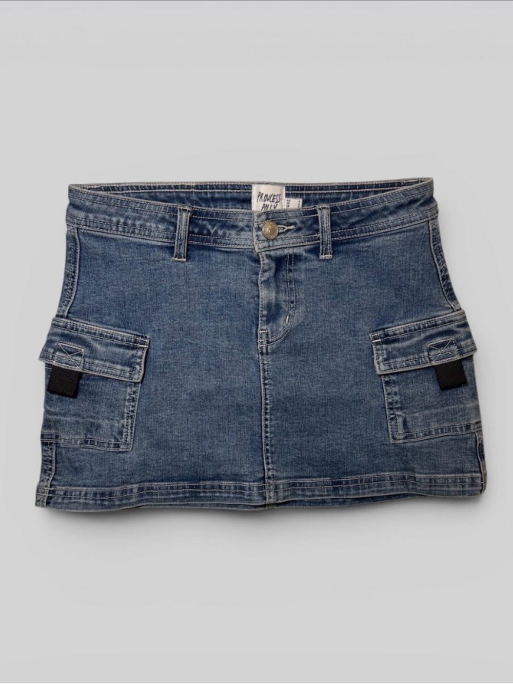 Princess Polly Denim Cargo Mini Skirt Blue Low Rise Utility Pocket Stretch Sz 2
